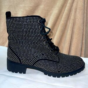 Nordstrom Bp.Studded Black/Silver Combat Moto Army Style Boots, Side Zip/Lace up